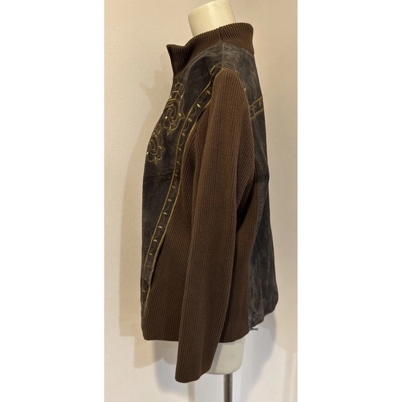 Bob Mackie Jacket Wearable Art Lrg Brown Leather/Knit Western Embroidered Zip - Picture 9 of 14